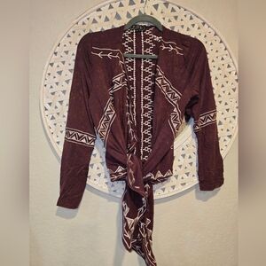 POL Clothing Embroidered Boho Tie-Front Cardigan – Burgundy Aztec Small